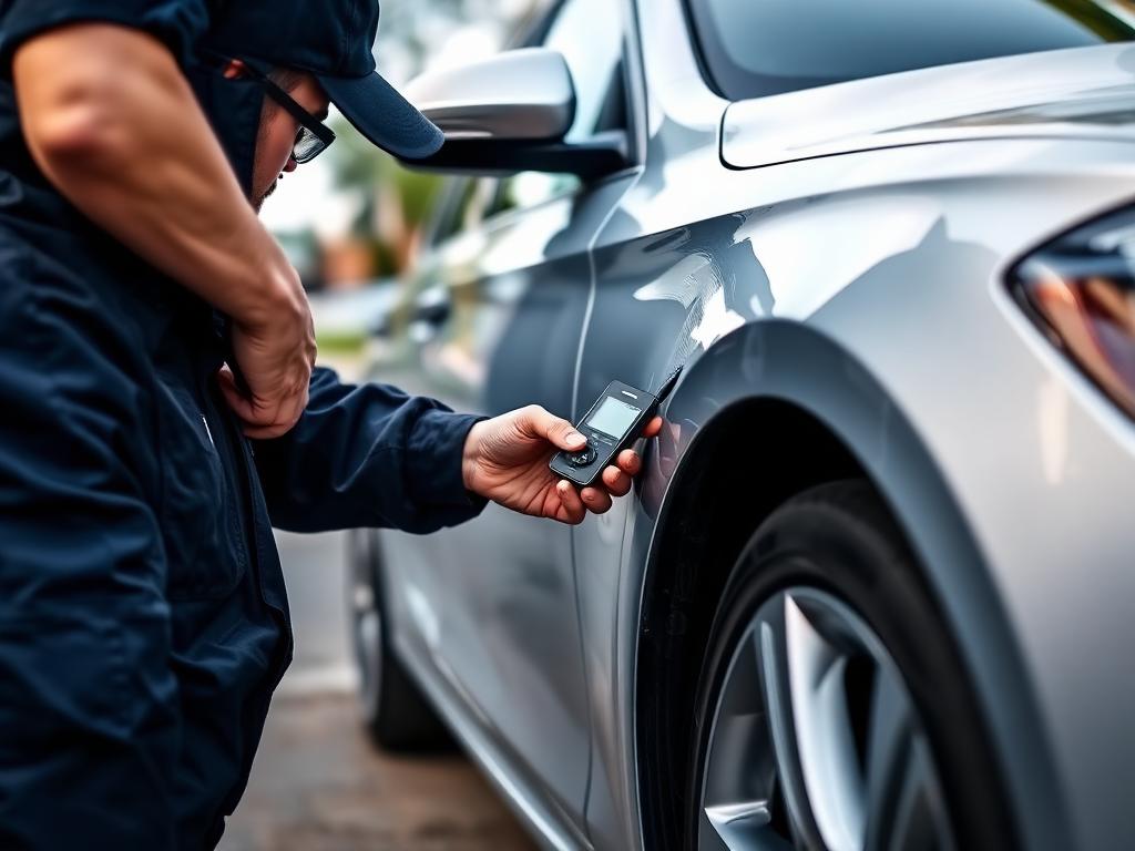 KFZ-Profi prüft Lackdicke mit Schichtdickenmessgerät